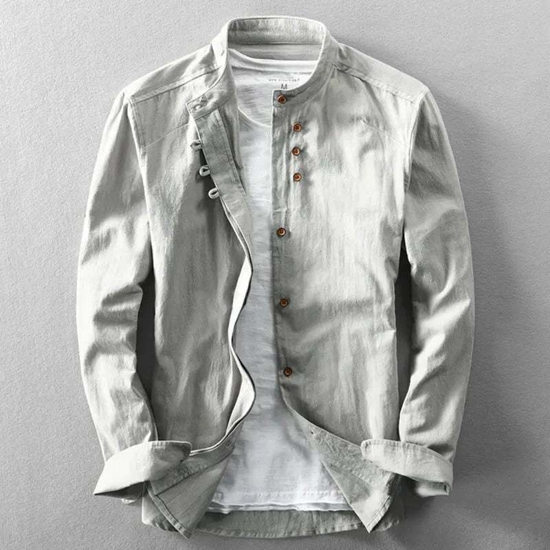 Men's white Japanese-style collarless shirt structured fit minimal detailing clean open neckline