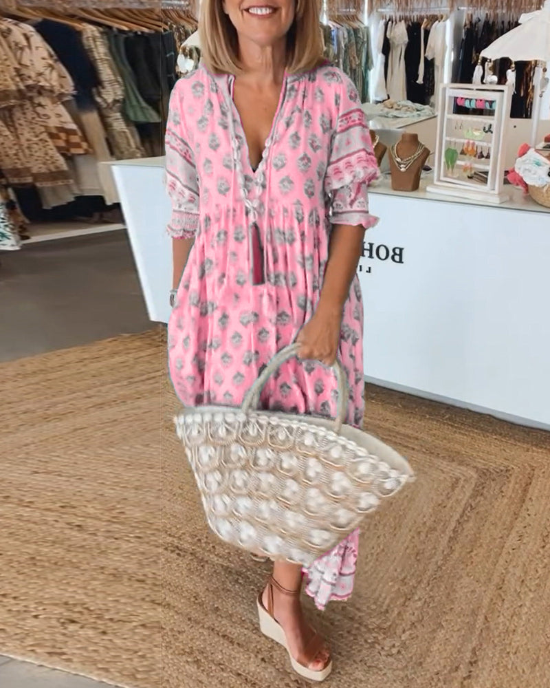 Madison women's relaxed fit boho maxi dress with intricate bohemian print and tassel neckline detail