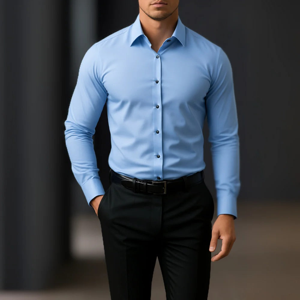 White slim fit long sleeve business shirt with tailored silhouette for all-day office comfort