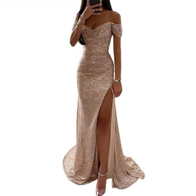 TrendAura black off-shoulder maxi gown, slim tailored silhouette with subtle sparkle for formal occasions