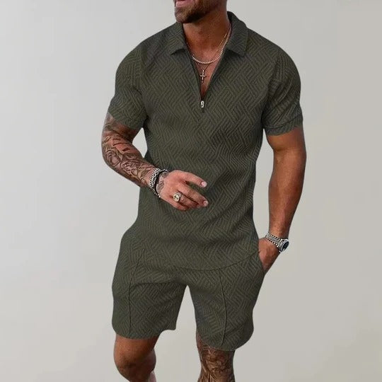 Men's two-piece summer set breathable short sleeve collar shirt with matching shorts coordinated casual fit
