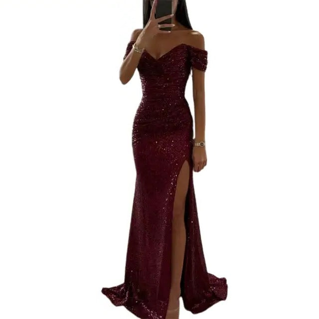 TrendAura off-shoulder maxi gown slim tailored silhouette with sparkle detail for formal occasions