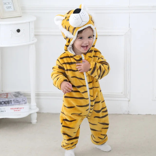 Soft breathable baby hooded animal romper onesie in cozy cotton-poly blend for toddlers