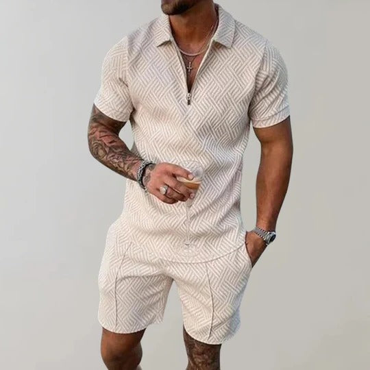Men's two-piece summer set breathable short sleeve collar shirt with matching shorts coordinated outfit