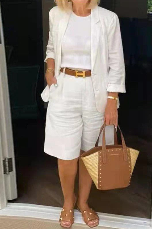 Women's ivory tailored blazer and flared shorts set with single front closure high-rise chic workwear
