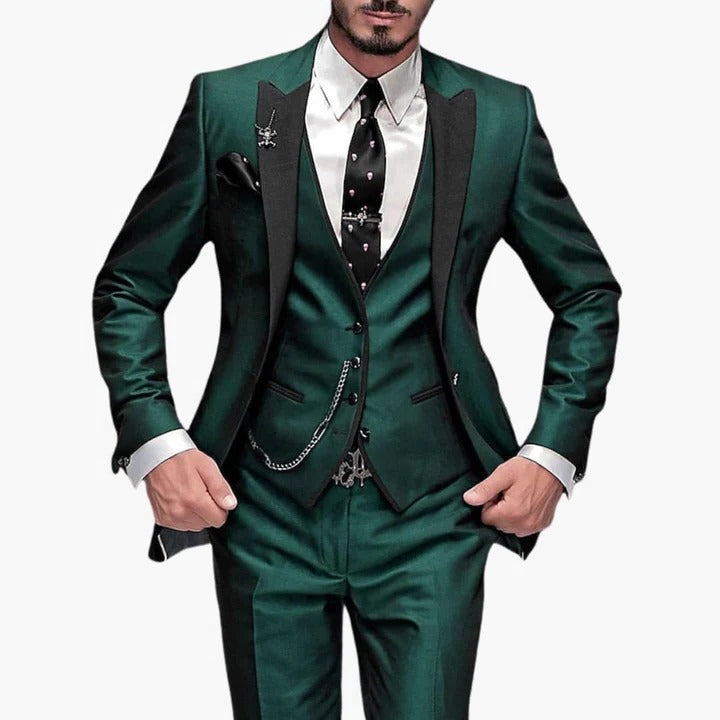 Men's burgundy three-piece tailored suit with black contrast lapels, jacket, vest & trousers