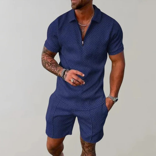 Men's two-piece summer set breathable short sleeve collar shirt with matching shorts coordinated look