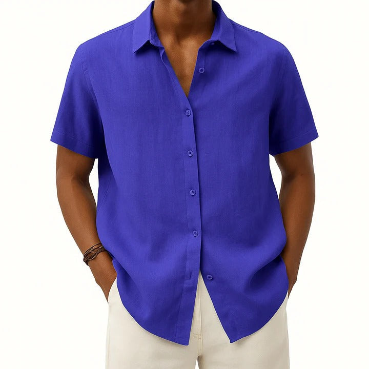 Men's light blue linen relaxed-fit short-sleeve button-down shirt breathable casual everyday style