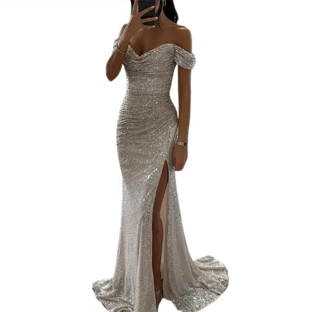TrendAura off-shoulder maxi gown slim tailored silhouette with sparkle detail for formal occasions