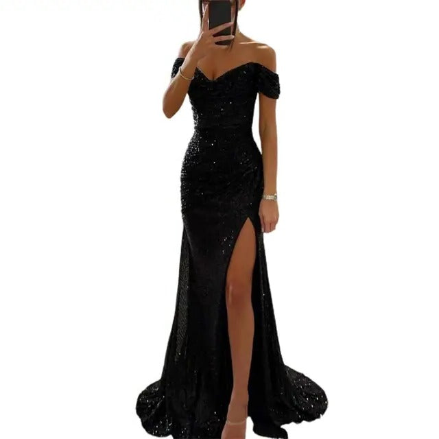 TrendAura off-shoulder maxi gown slim tailored silhouette with sparkle detail for formal occasions