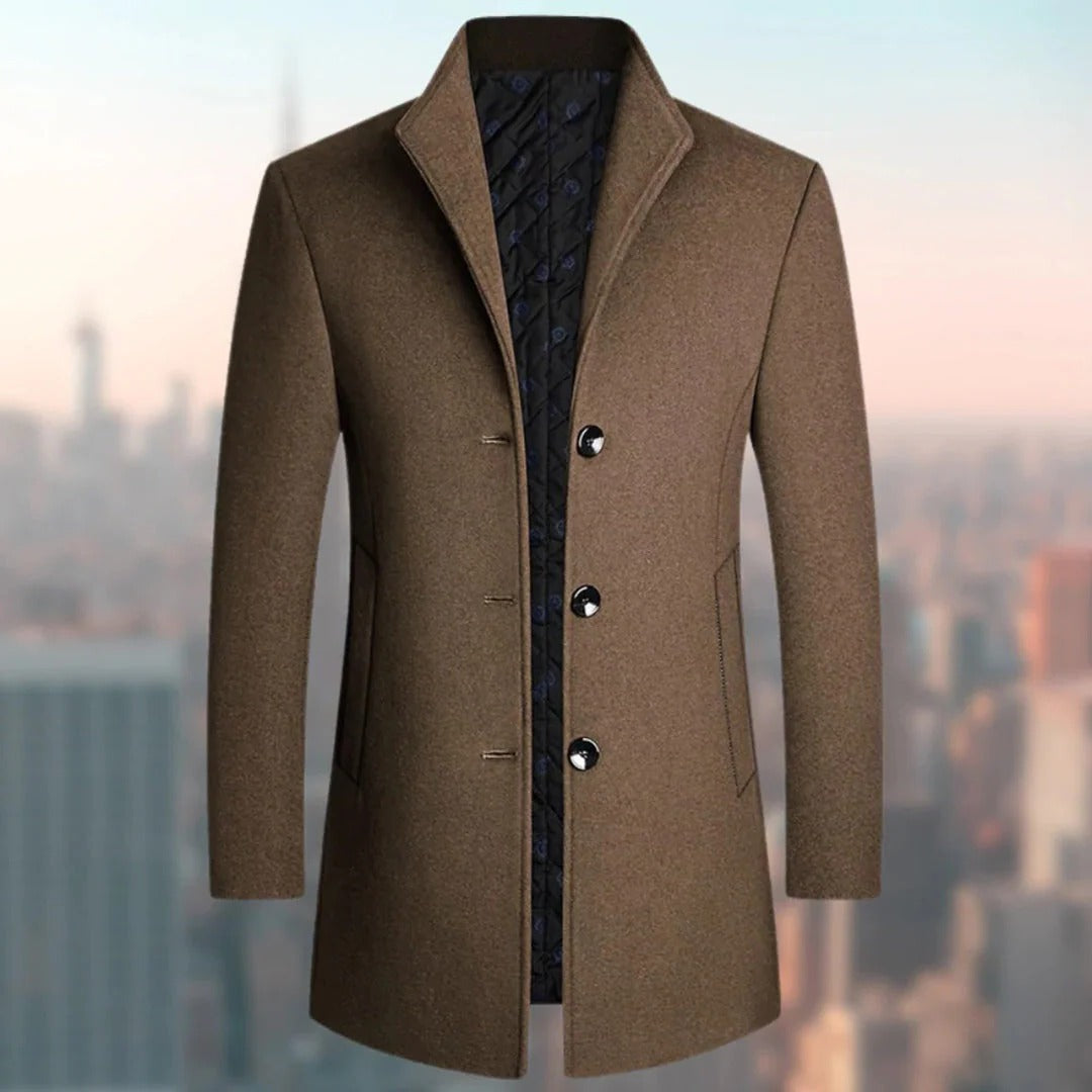 Men's long winter overcoat classic fit single-breasted design for cold weather warmth and timeless style