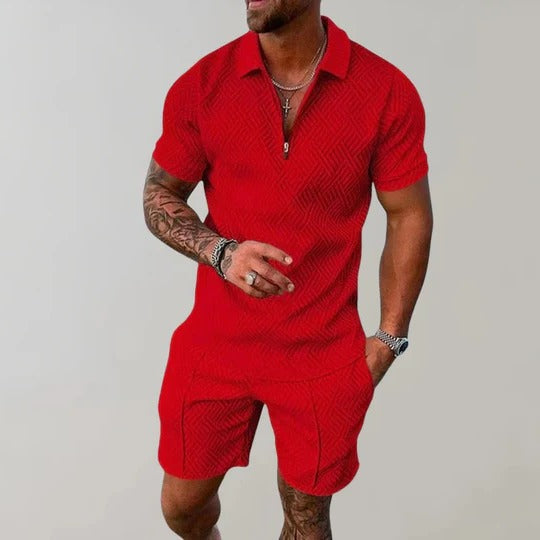 Men's two-piece summer set breathable short sleeve collar shirt with matching shorts coordinated outfit
