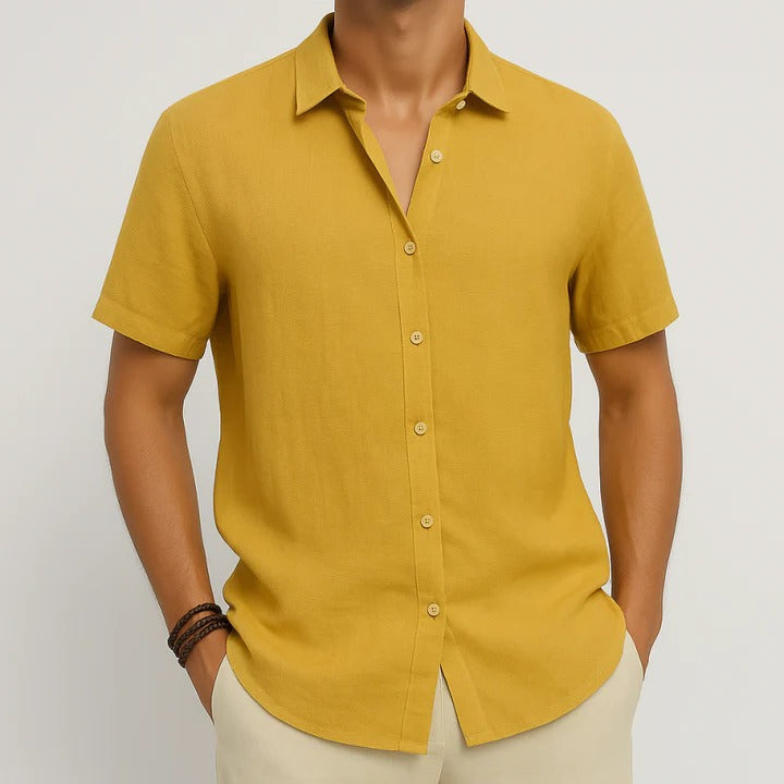 Men's beige linen relaxed-fit short-sleeve button-down shirt with breathable lightweight fabric