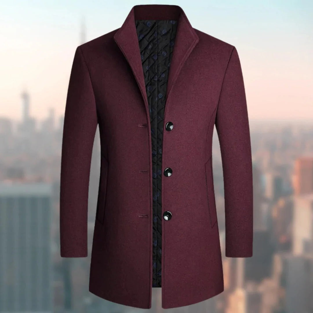 Men's long winter overcoat classic fit single-breasted design for cold weather warmth and timeless style