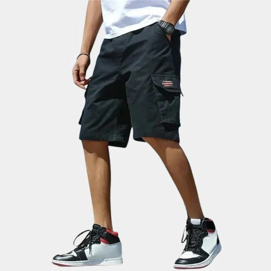 Men's khaki cargo shorts relaxed knee-length fit with multi-pocket utility design for outdoor travel
