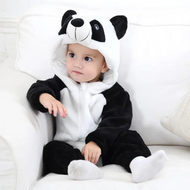 Soft breathable baby hooded animal romper onesie in playful jungle design for toddlers