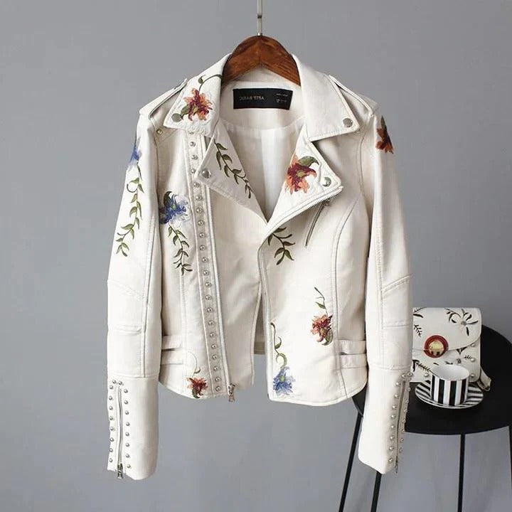 Women's cropped embroidered jacket with floral stitching, vintage-inspired layering piece for everyday style