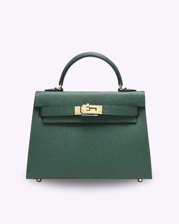 Women's elegant mini handbag beige structured compact style with gold twist-lock clasp closure