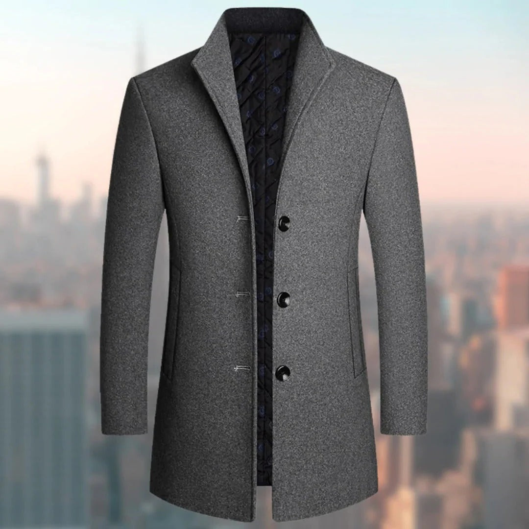 Men's long winter overcoat classic fit single-breasted design for cold weather warmth and timeless style