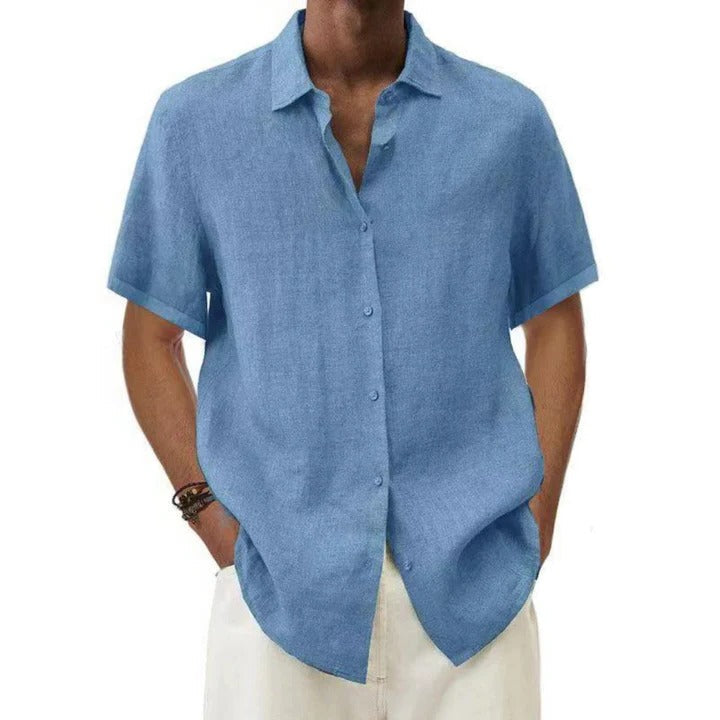 Men's beige linen relaxed-fit short-sleeve button-down shirt with breathable lightweight fabric