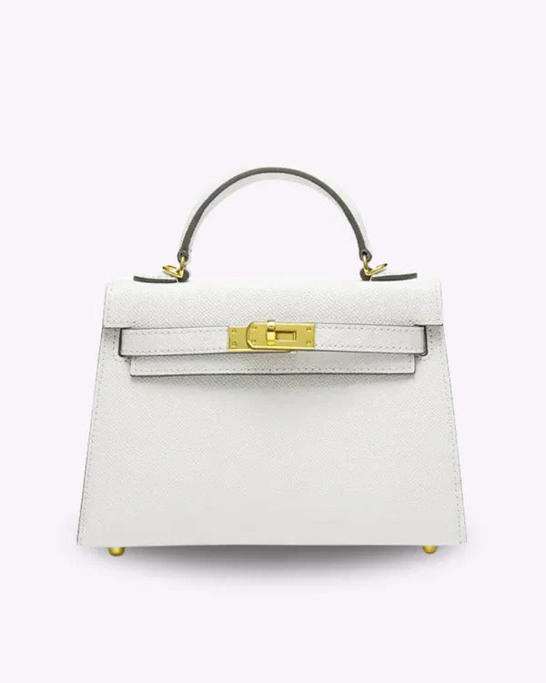 Women's elegant mini handbag in gold-clasp structured style with secure twist-lock closure