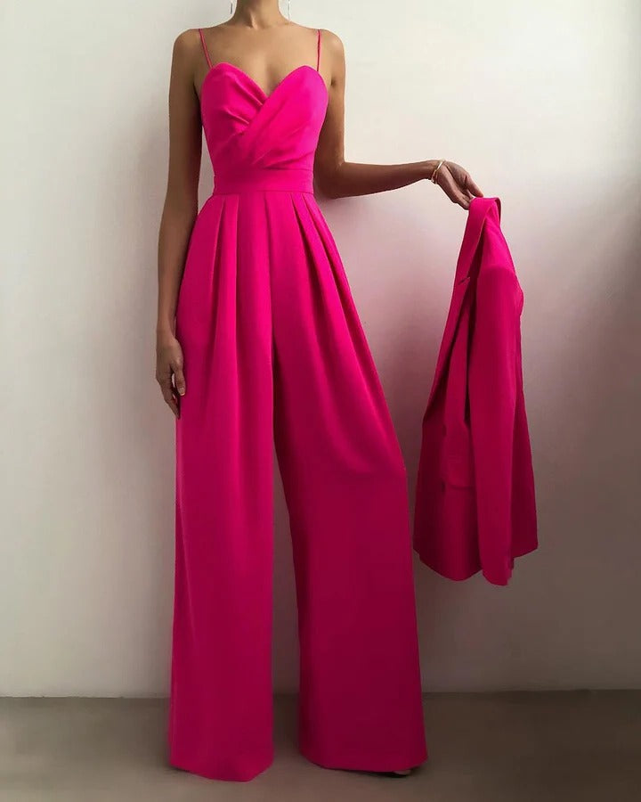 Women's sleeveless jumpsuit structured silhouette shaped waist elegant clean neckline versatile one-piece