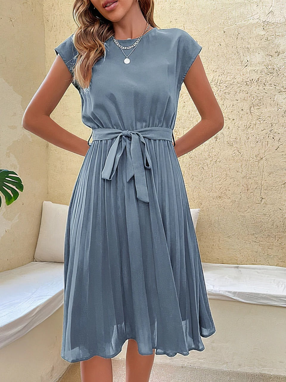 Women's fitted waist pleated skirt summer dress by Urbann-Vibe, effortless daywear silhouette
