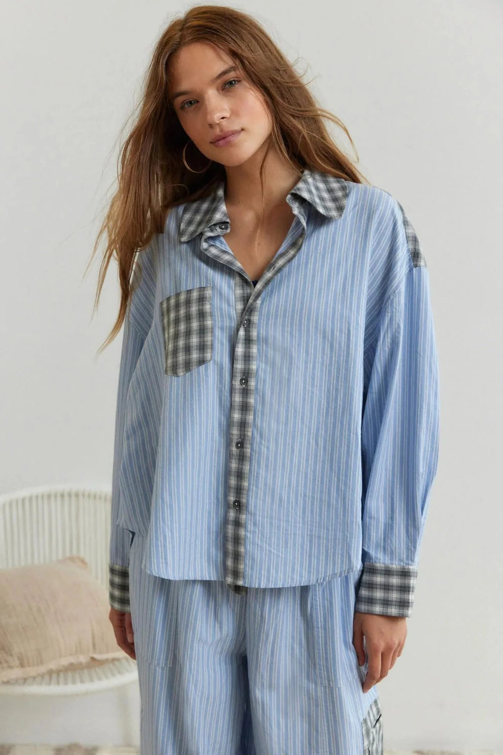 Women's relaxed two-piece checked plaid pajama set cozy coordinated lounge top and pants