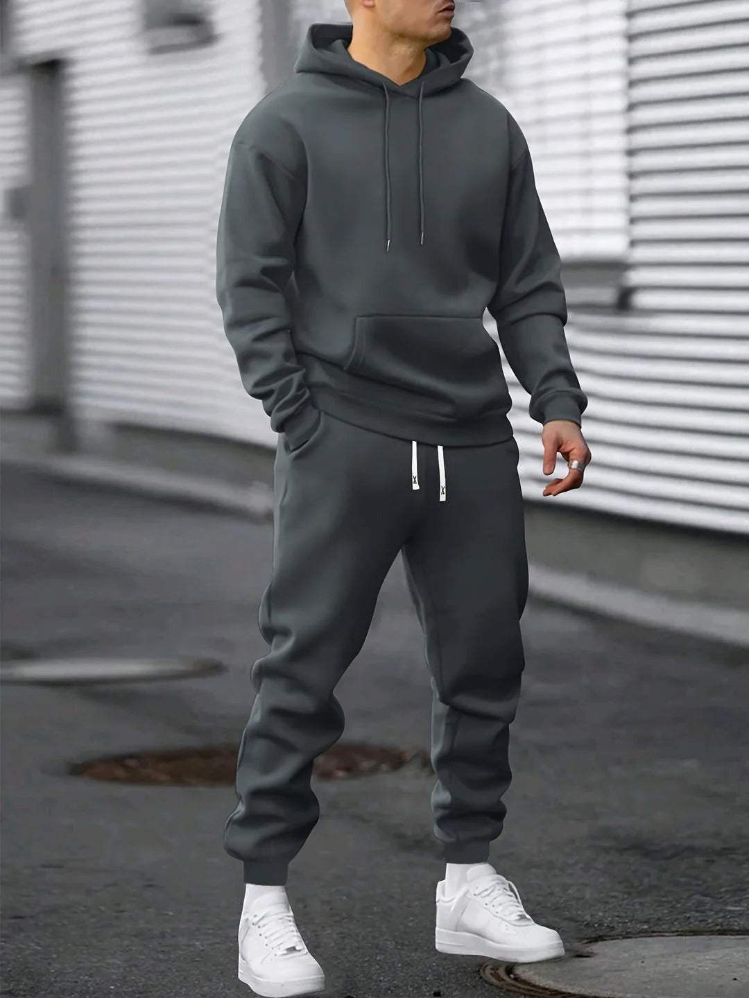Men's premium fleece hoodie and jogger tracksuit set in solid color, relaxed fit for workout and lounge