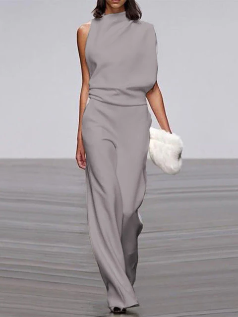 Women's sleeveless wide-leg jumpsuit with flowy silhouette and round neckline for effortless warm-weather style