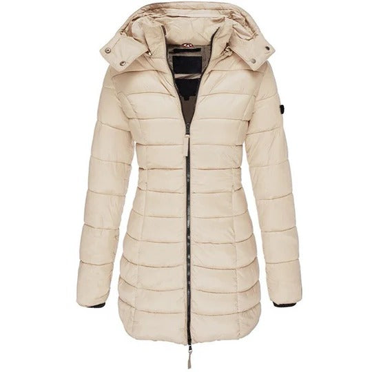 Cozy hooded down jacket with padded insulation, front zipper, long-sleeve silhouette for fall winter