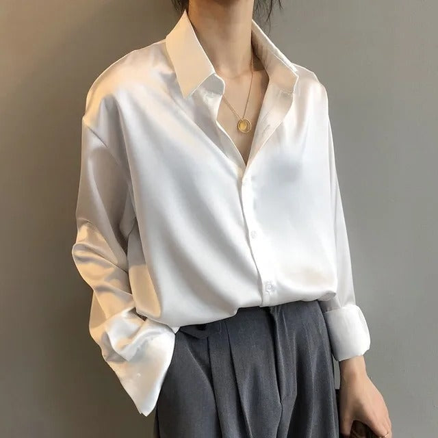 Loose casual women's blouse relaxed silhouette soft lightweight fabric with subtle sheen versatile style