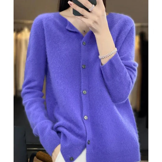 Women's cozy V-neck cardigan sweater with front buttons, long sleeves, minimal silhouette for layering