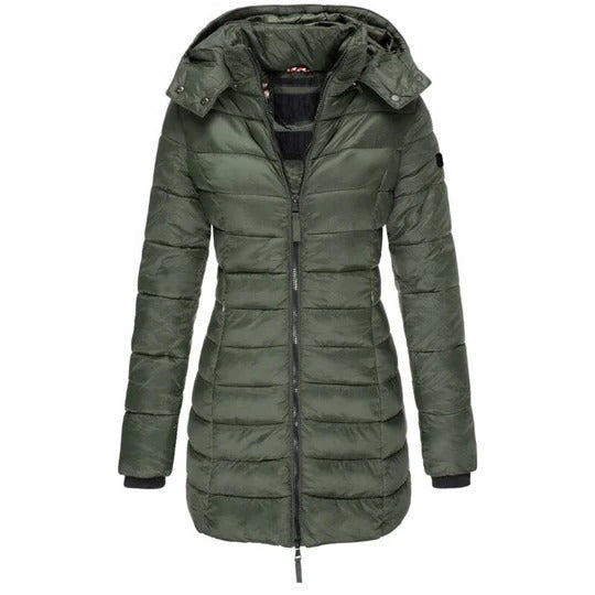 Cozy hooded down jacket with padded insulation, front zipper, long-sleeve silhouette for fall winter