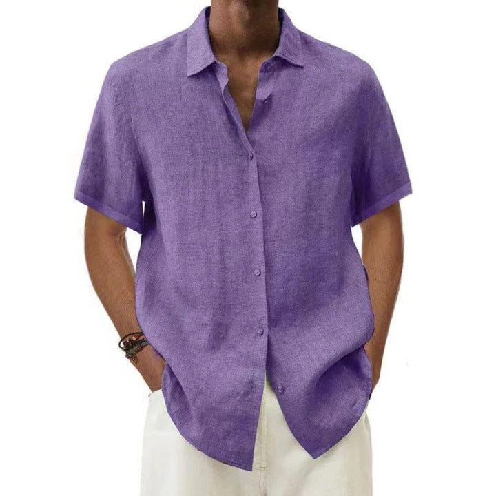 TrendAura men's beige linen short-sleeve button-down shirt relaxed fit breathable casual