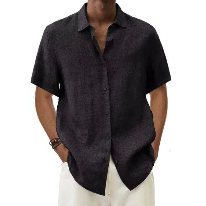 Men's light blue linen relaxed-fit short-sleeve button-down shirt breathable everyday casual