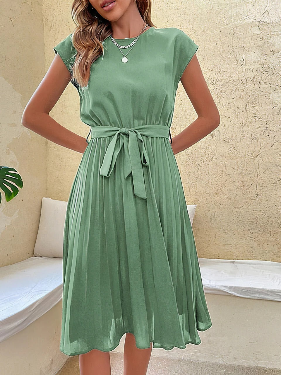 Women's fitted waist pleated skirt summer dress by Urbann-Vibe, elegant daywear silhouette