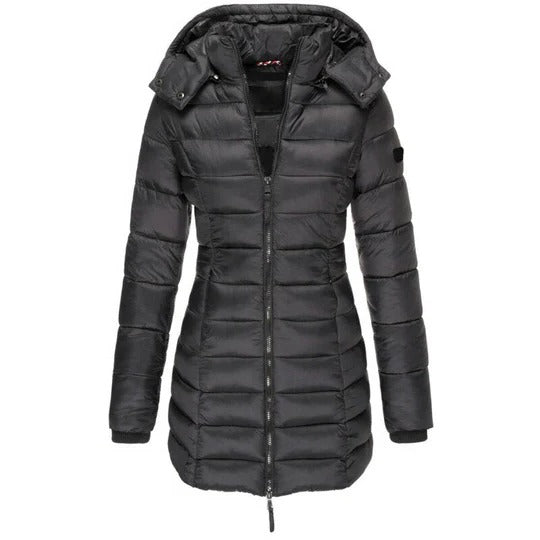 Women's hooded down puffer jacket with front zipper, padded insulation for fall winter outdoor wear