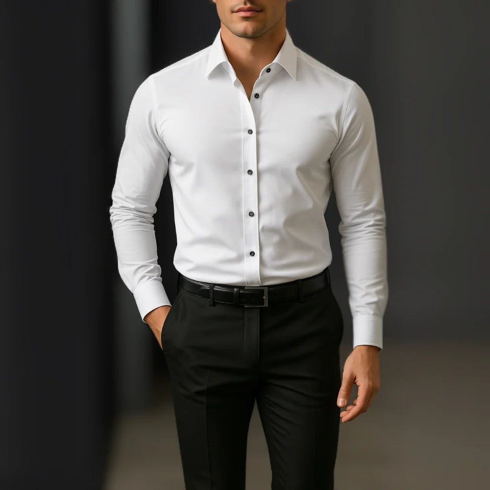 White slim fit long sleeve business shirt with tailored cut for all-day office comfort