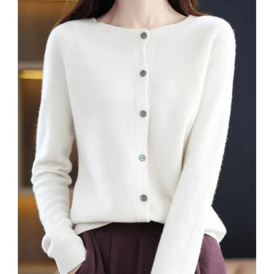 Women's cozy V-neck cardigan sweater with front buttons, long sleeves, minimal silhouette for layering