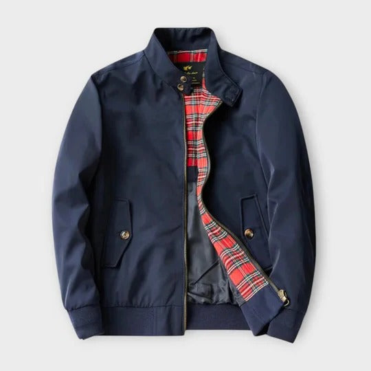 Men's lightweight transitional jacket with plaid lining, full-length zipper, versatile outerwear for travel