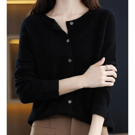 Women's cozy V-neck cardigan sweater with front buttons, long sleeves, minimal silhouette for layering