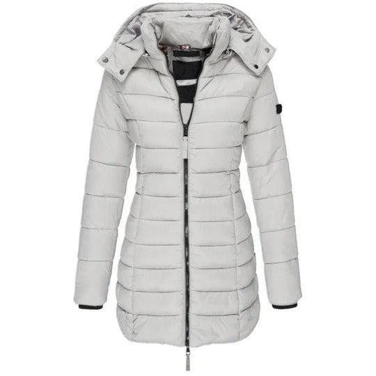 Women's black hooded puffer jacket with padded insulation and front zipper closure