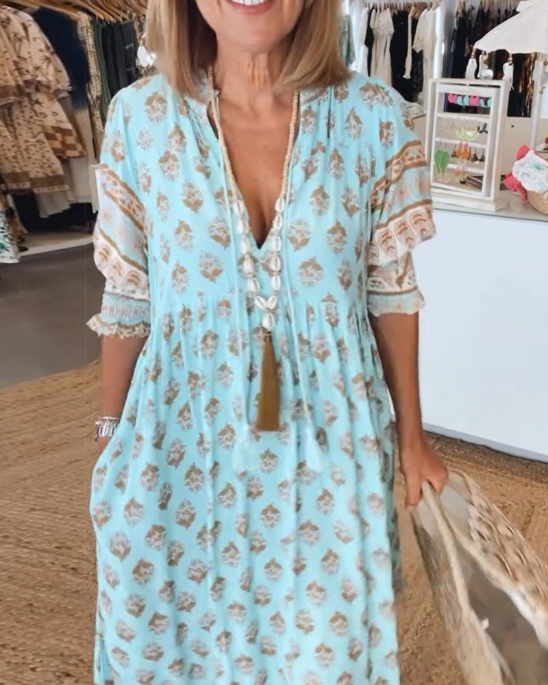 Madison women's relaxed fit boho maxi dress with intricate bohemian print and tassel neckline detail