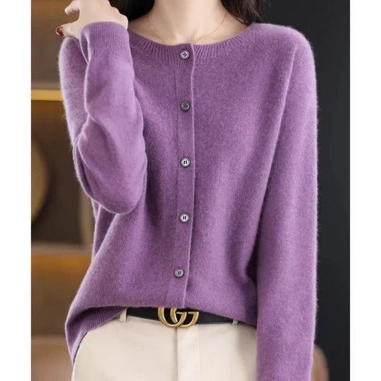 Women's cozy V-neck cardigan sweater with front buttons, long sleeves, minimal silhouette for layering