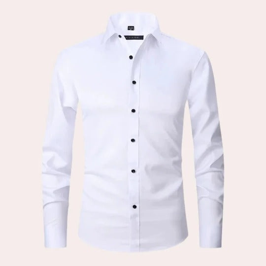 Men's white stretch long sleeve shirt with pointed collar, slim-fit silhouette for professionals