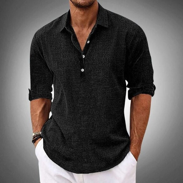 Navy blue short-sleeve polo shirt with buttoned front closure, structured fit for casual wear