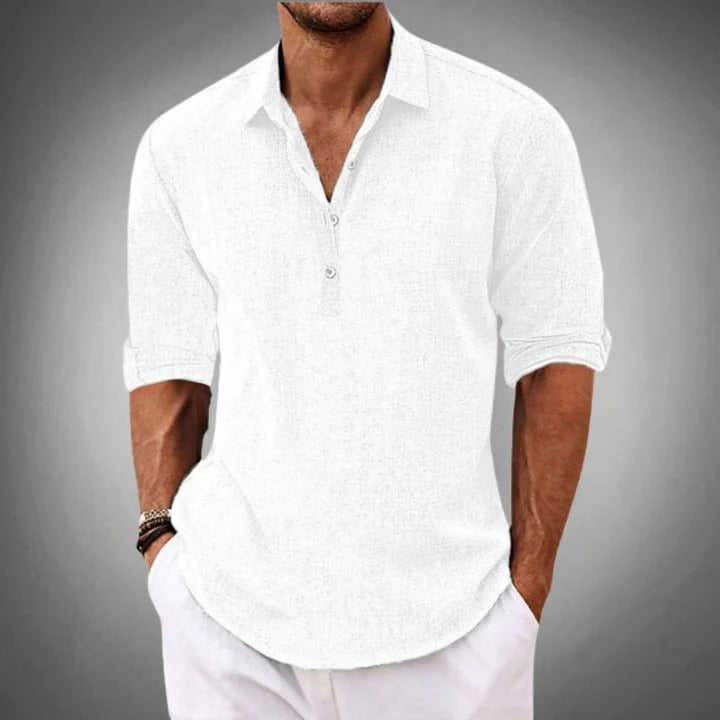 White short-sleeve polo shirt with buttoned front closure, structured fit for casual everyday wear