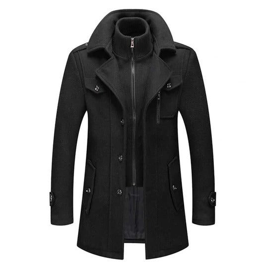Men's two-piece winter coat with thermal lining, wind-blocking collar, structured fit in neutral tone