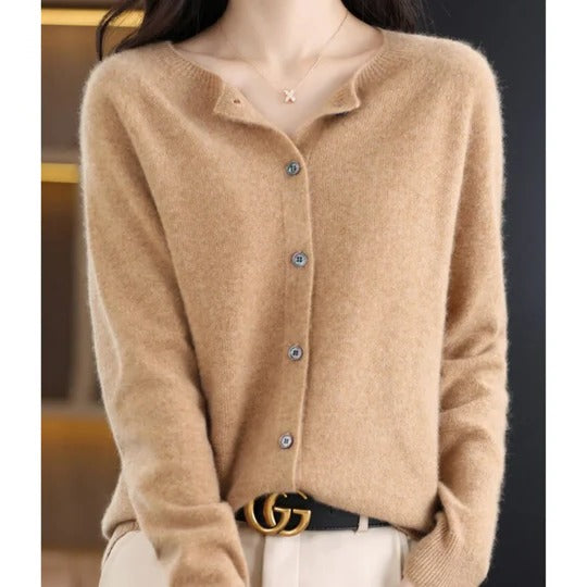 Women's cozy V-neck cardigan sweater long sleeves button front minimal silhouette layering top